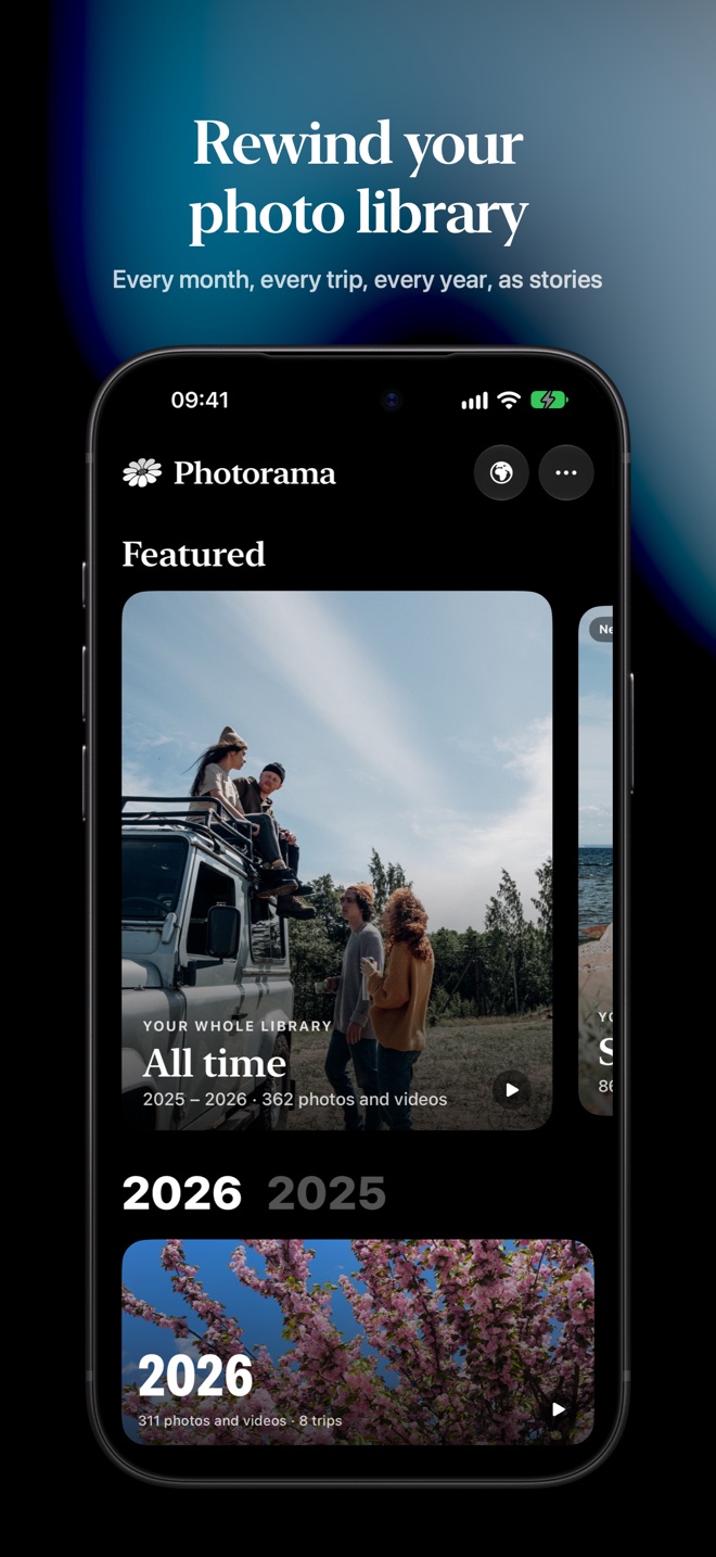 The Photorama home screen: stories for the month, trips and the year